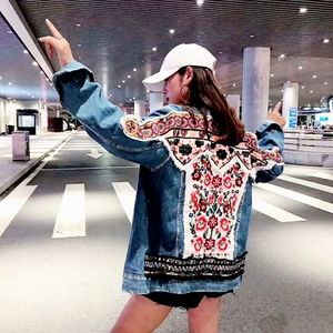 Blue Denim Boho Bomber Jacket| Embroidered Patchwork Back